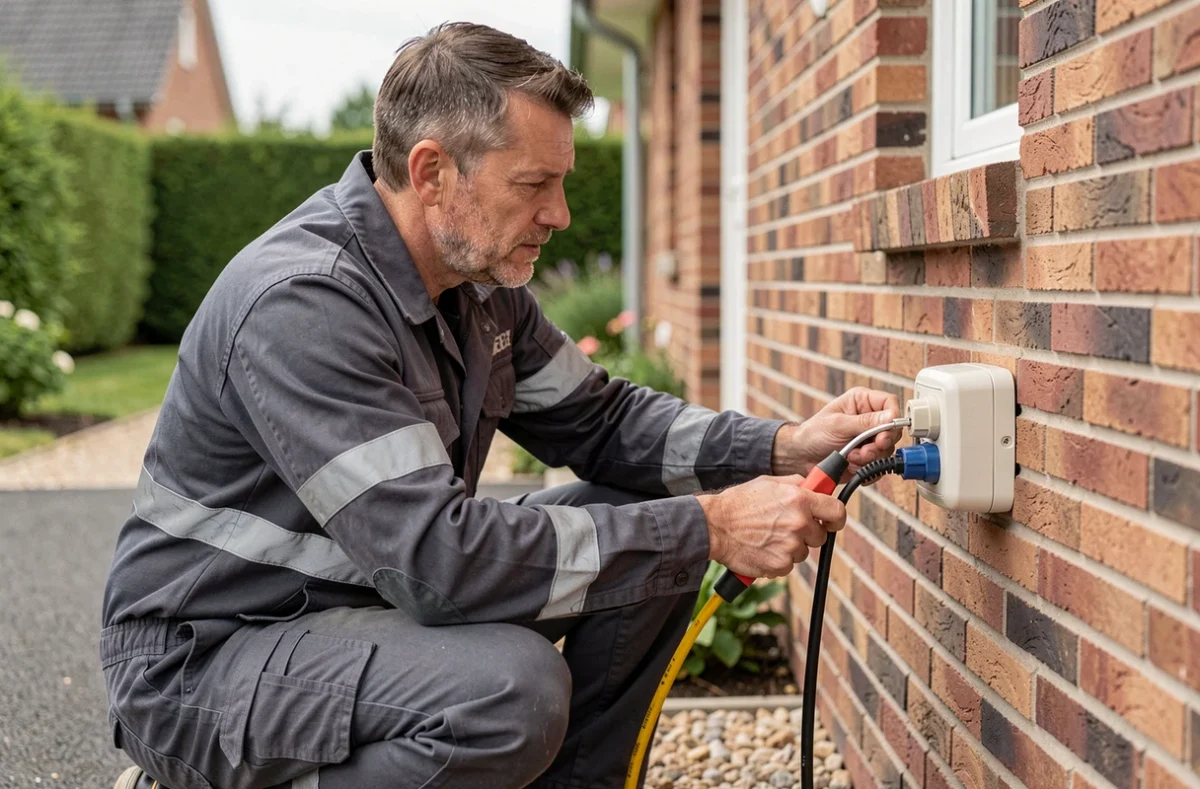 Électricien à Marly installant une prise électrique étanche sur la façade d'une maison en brique
