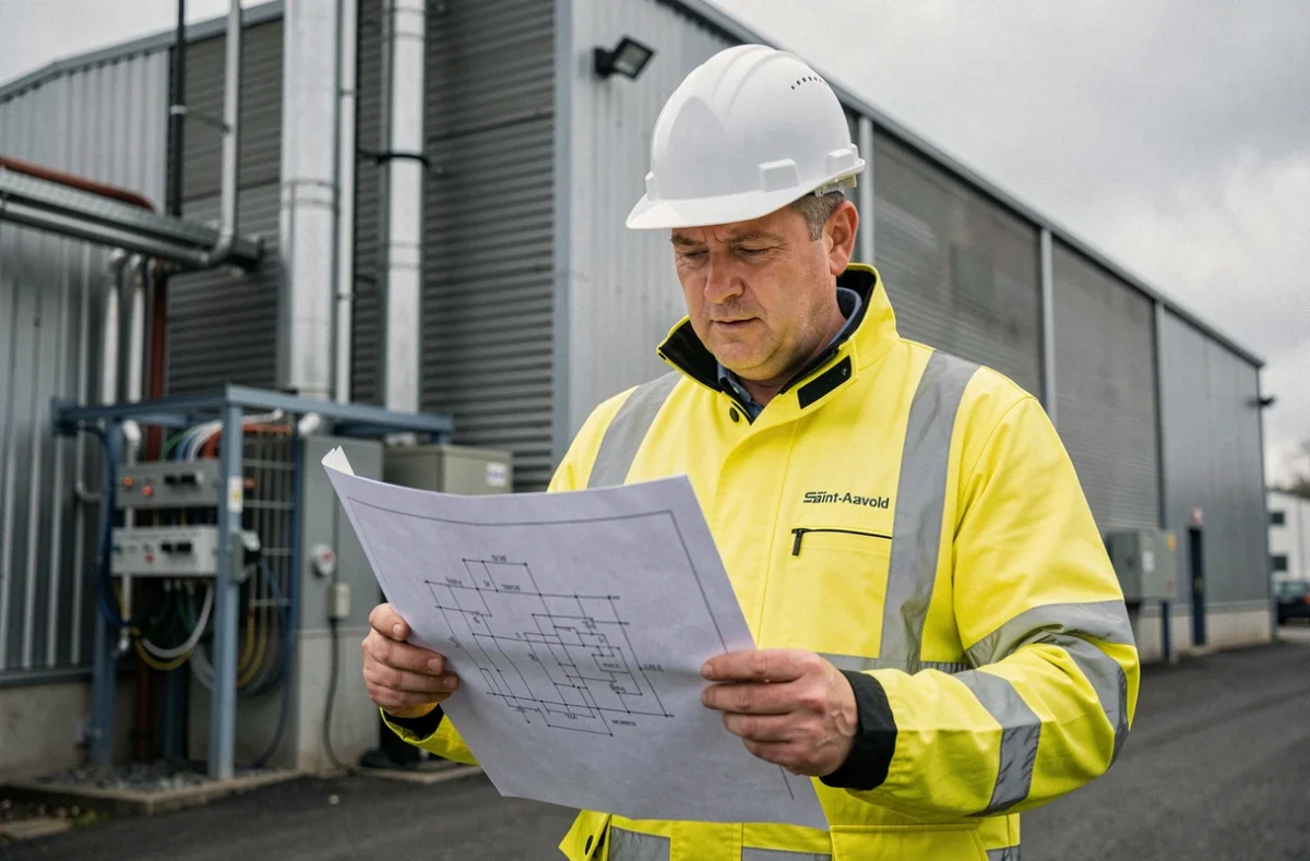 Électricien à Saint-Avold consultant des plans électriques devant un bâtiment industriel
