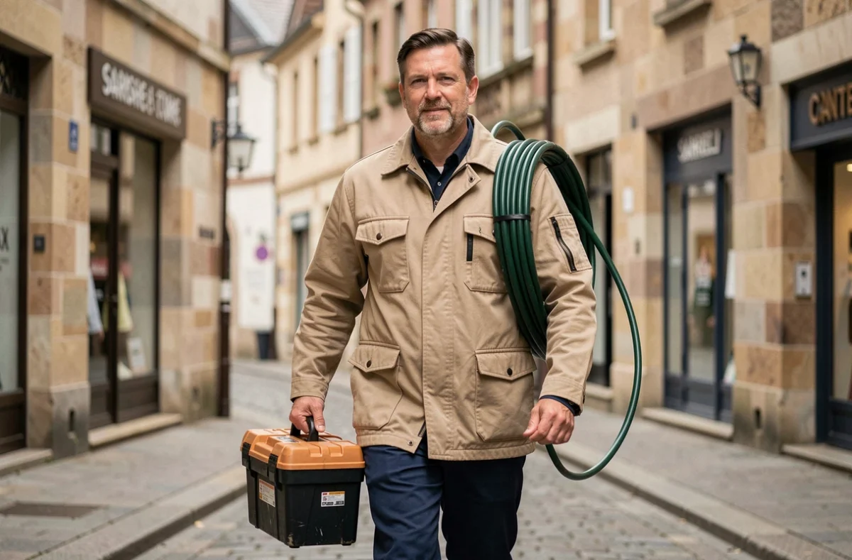 Électricien à Sarrebourg marchant dans une rue commerciale avec outillage professionnel