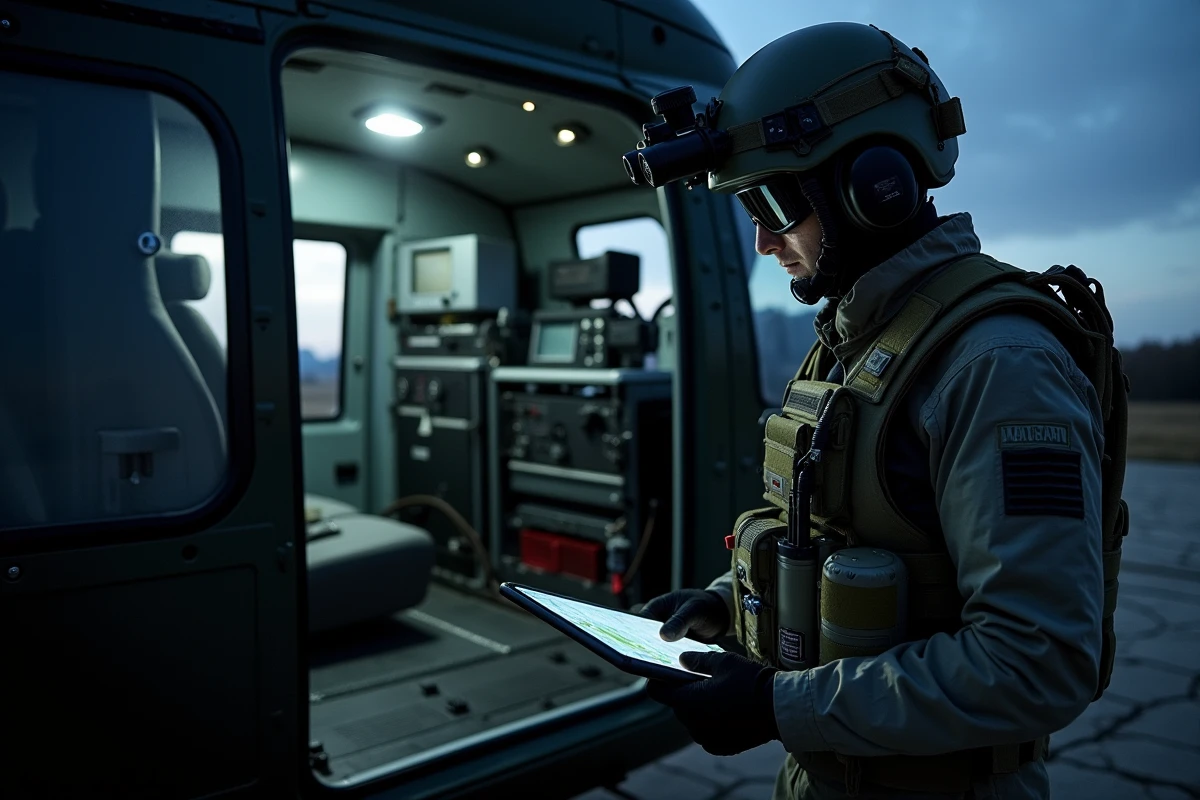 Membre d'équipage d'hélicoptère militaire vérifiant ses équipements tactiques et sa tablette de mission avant un vol nocturne