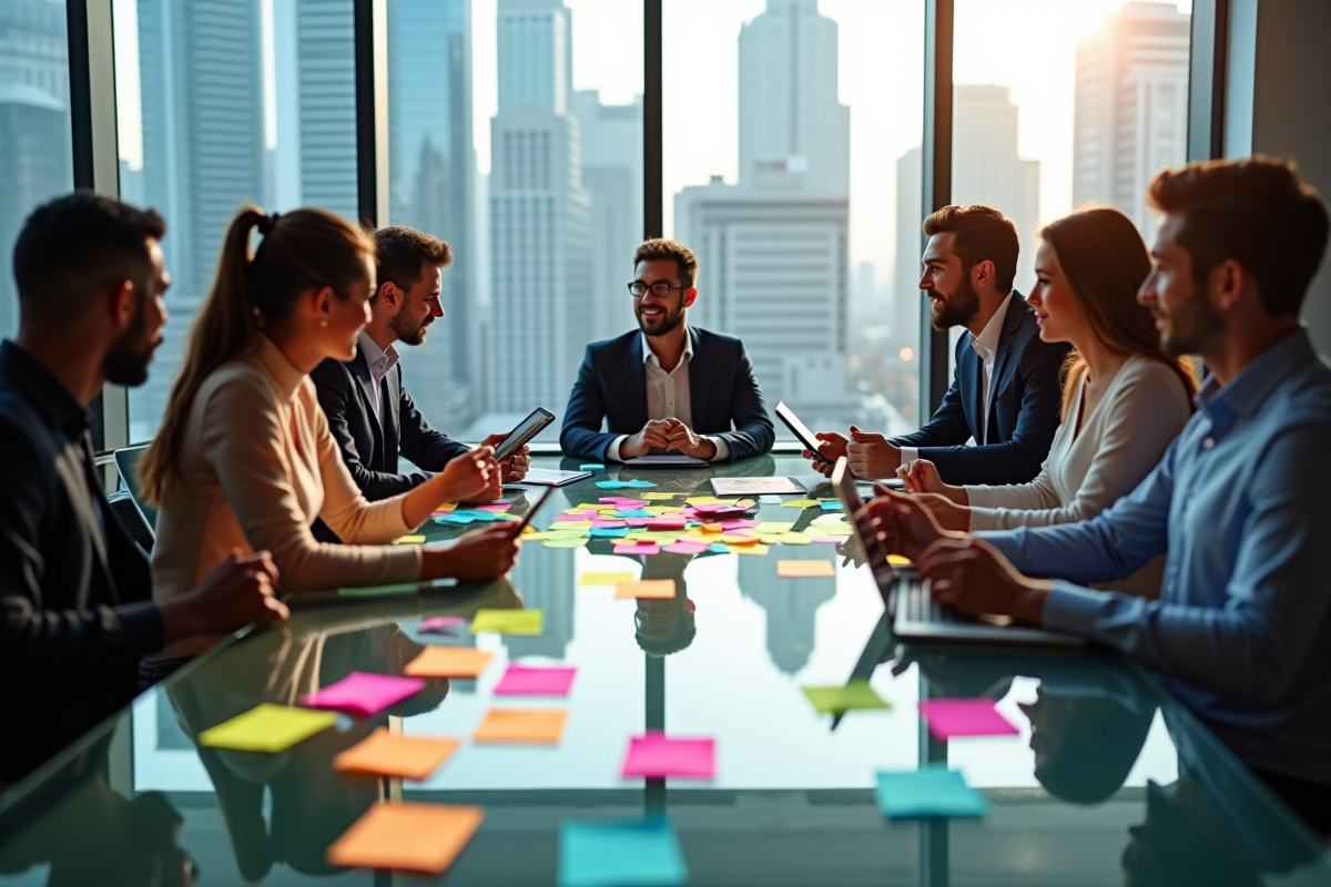 Equipe en brainstorming avec tableau de notes colorées et appareils
