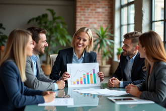 Groupe de professionnels discutant autour d'un graphique de croissance