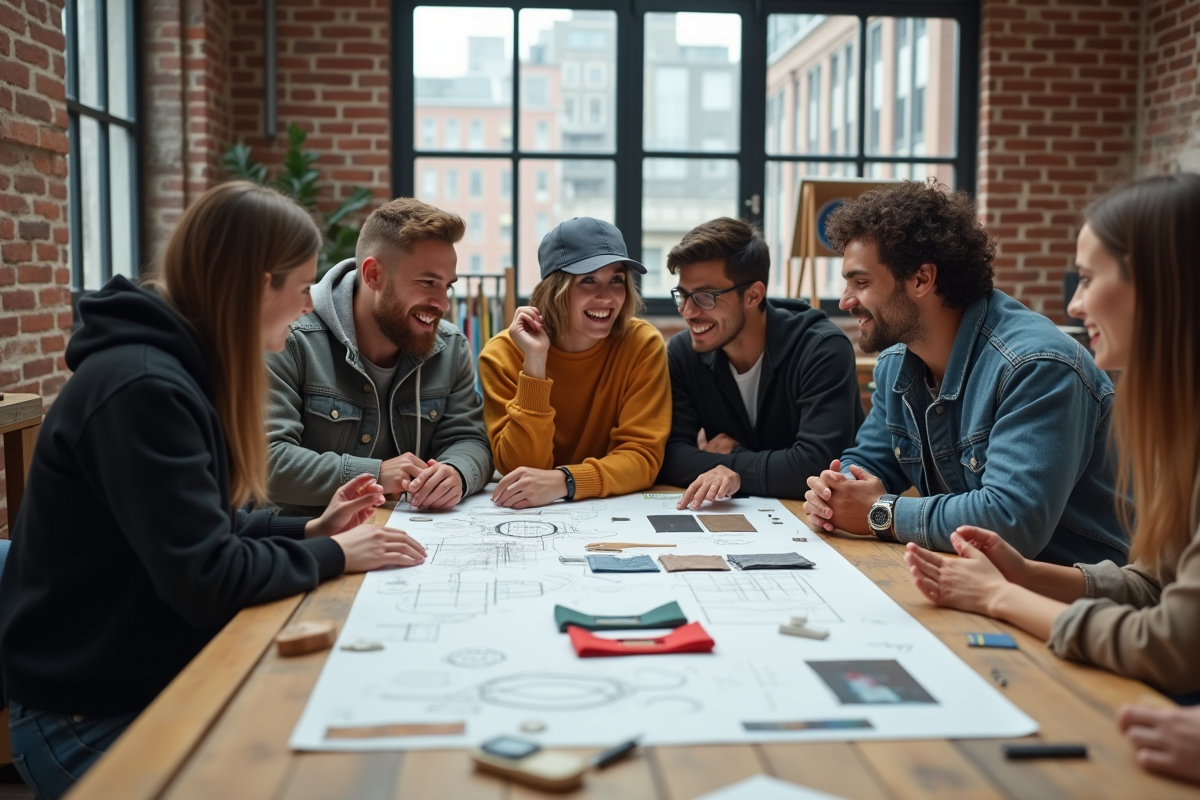 Groupe de jeunes créatifs discutant dans un studio design