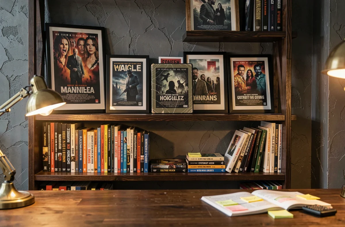 Étagère de fan de films d'horreur avec affiches encadrées, collection de DVD et livres d'analyse cinématographique annotés dans un bureau chaleureux