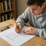 Étudiant adolescent écrivant la formule de la diagonale d'un rectangle sur une fiche de révision posée sur un bureau en bois