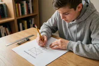 Étudiant adolescent écrivant la formule de la diagonale d'un rectangle sur une fiche de révision posée sur un bureau en bois
