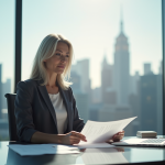 Femme dirigeante aux cheveux argentés dans un bureau moderne