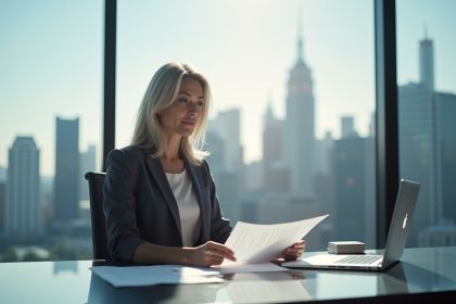 Femme dirigeante aux cheveux argentés dans un bureau moderne