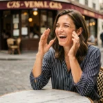 Femme française riante en terrasse de café parisien exprimant une expression orale drôle et spontanée