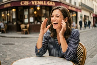 Femme française riante en terrasse de café parisien exprimant une expression orale drôle et spontanée