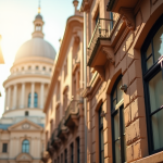 Détail architectural d'une façade historique en plein soleil