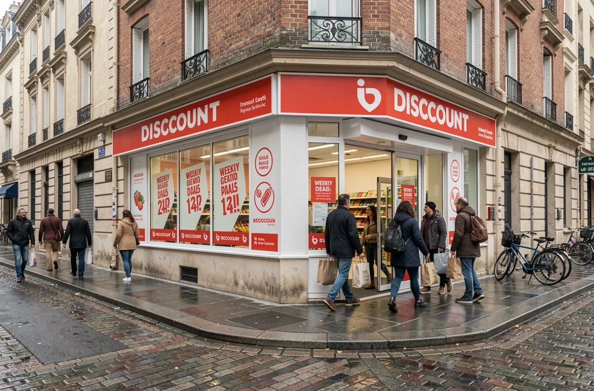 Façade extérieure d'un supermarché discount dans le 20e arrondissement de Paris avec des clients entrant et sortant