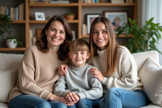 Deux femmes et un garçon sur un canapé chaleureux