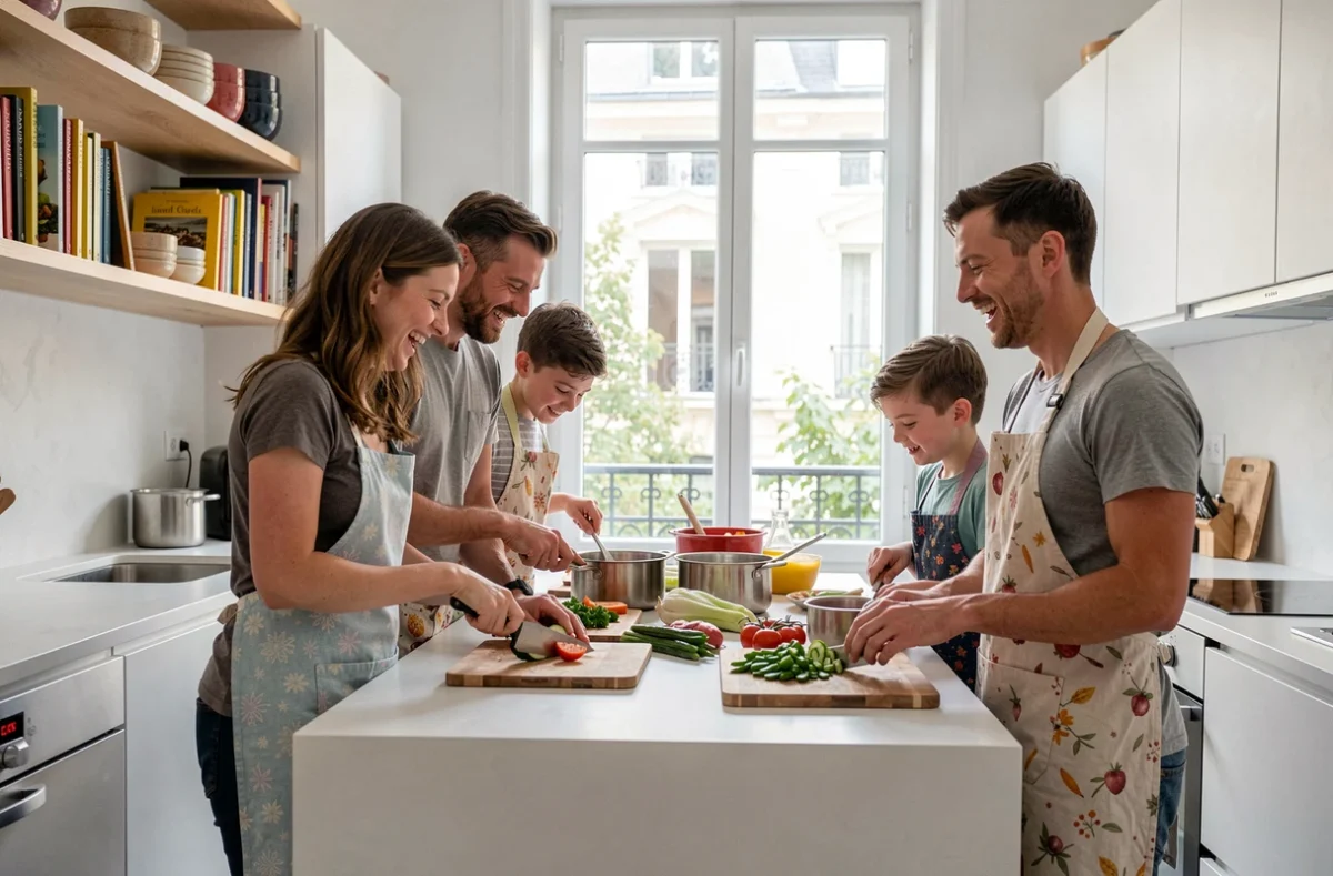 Famille cuisinant ensemble dans une cuisine moderne, parents et enfants préparant un repas convivial à la maison