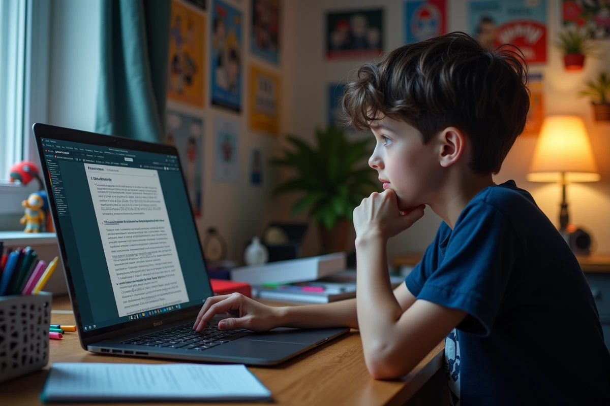 Adolescent fan de manga lisant un scan traduit en français sur ordinateur portable dans sa chambre
