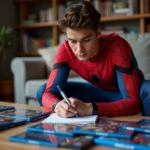 Fan en costume Spider-Man consultant un guide chronologique des films Marvel avec des Blu-ray et comics