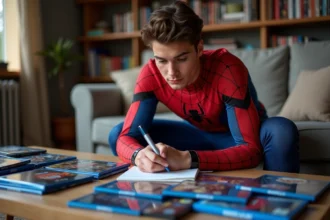 Fan en costume Spider-Man consultant un guide chronologique des films Marvel avec des Blu-ray et comics