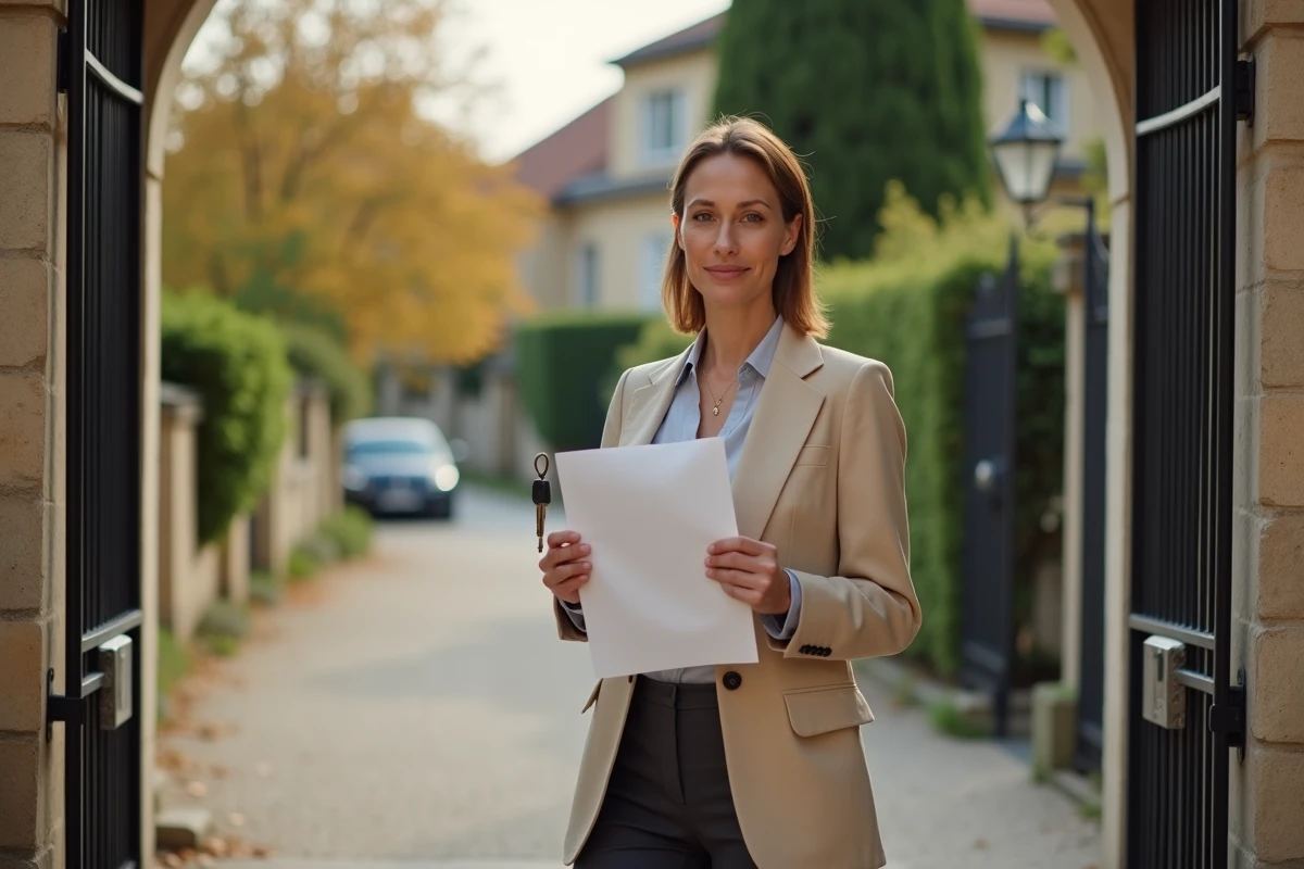 Femme tenant les clés et l'acte de propriété devant une maison illustrant les droits protégés par l'article 544