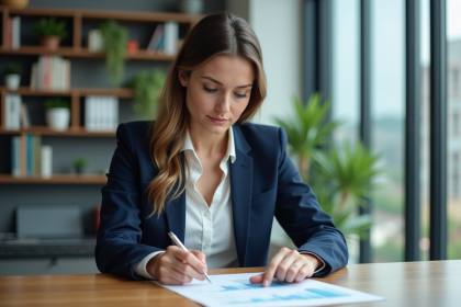 Femme d'affaires en revue financière dans un bureau moderne