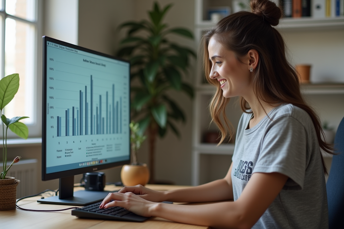 Femme souriante vérifiant un graphique de specs gaming sur son écran