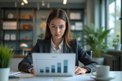 Jeune femme en bureau analysant un classement de modèles IA