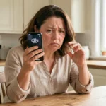 Femme regardant un appel entrant avec le numéro 0270 sur son smartphone dans une cuisine