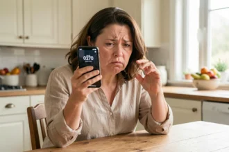 Femme regardant un appel entrant avec le numéro 0270 sur son smartphone dans une cuisine