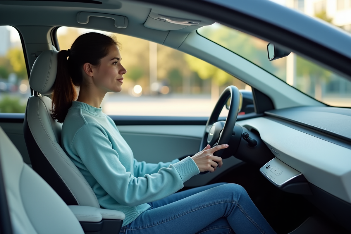 Jeune femme dans voiture autonome en ville