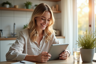 Jeune femme lisant un blog bien etre sur tablette