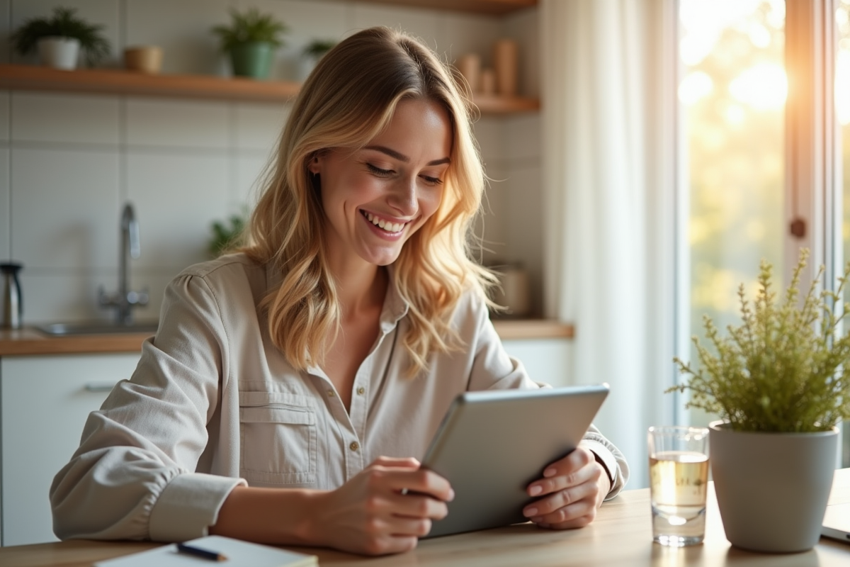 Jeune femme lisant un blog bien etre sur tablette