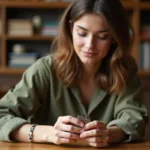 Femme tenant un briquet en métal dans un café, illustrant l'hésitation entre les termes briquet et lighter en anglais