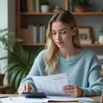 Jeune femme vérifiant ses dépenses mensuelles à la maison