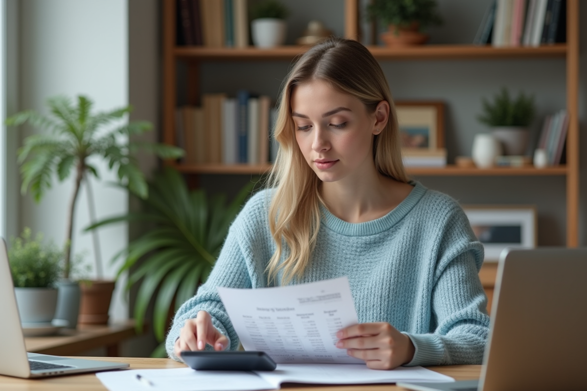 Jeune femme vérifiant ses dépenses mensuelles à la maison