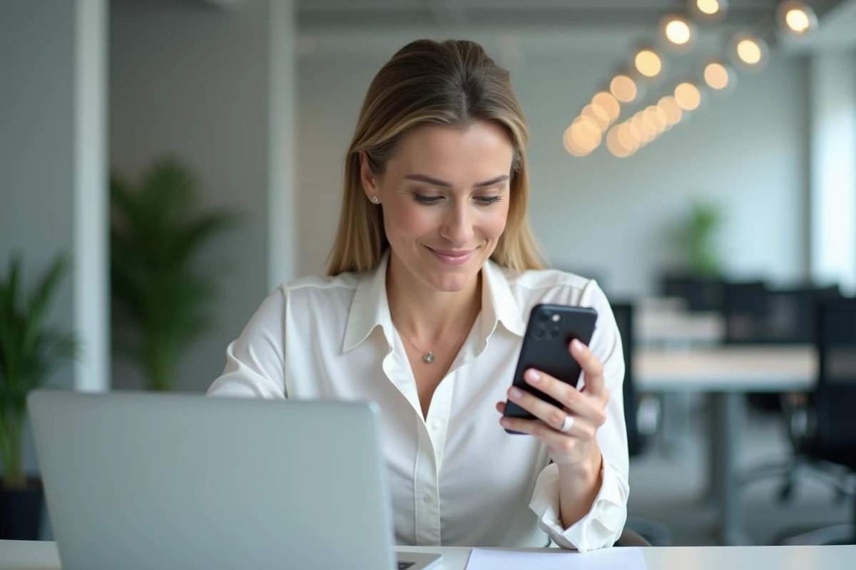 Femme professionnelle analysant les fonctionnalités et limites de l'application Faljam sur son téléphone au bureau