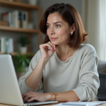 Femme assise à son bureau à domicile en train de réfléchir