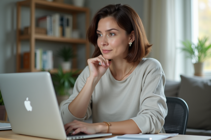 Femme assise à son bureau à domicile en train de réfléchir