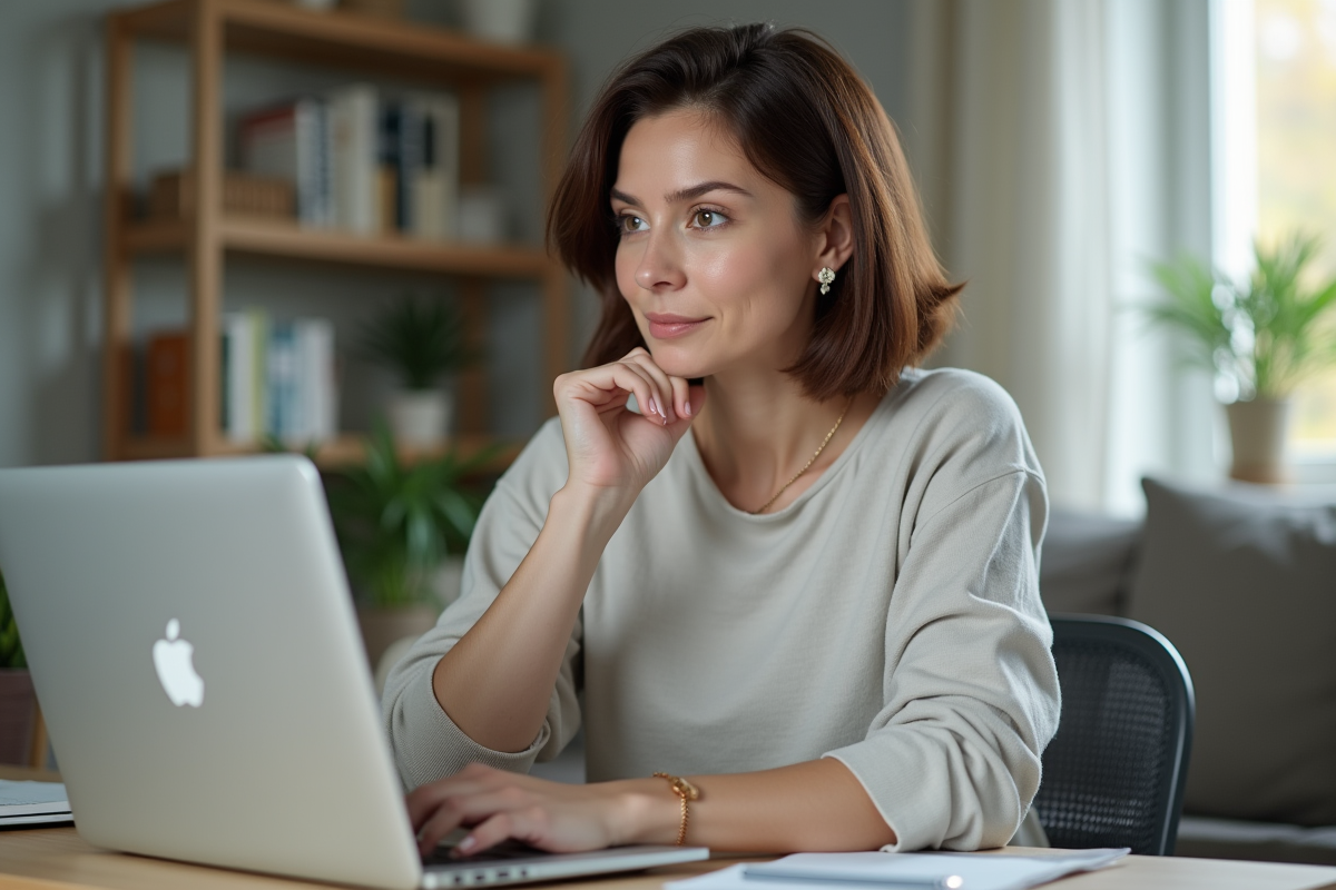 Femme assise à son bureau à domicile en train de réfléchir