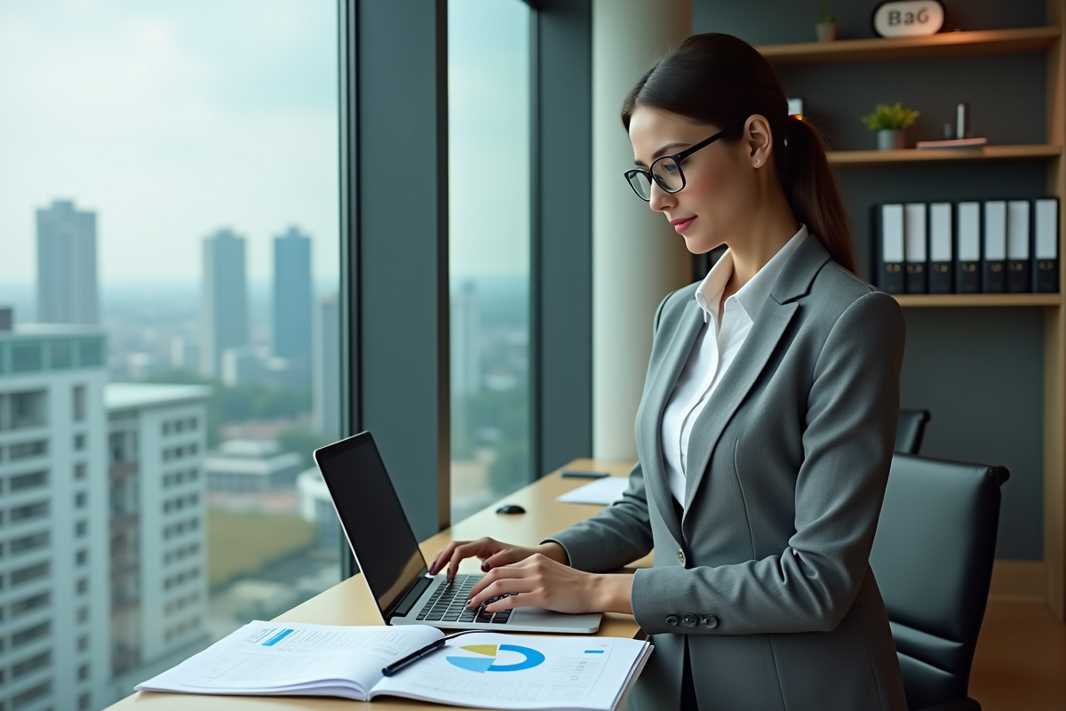 Femme professionnelle travaillant sur un ordinateur dans un bureau moderne