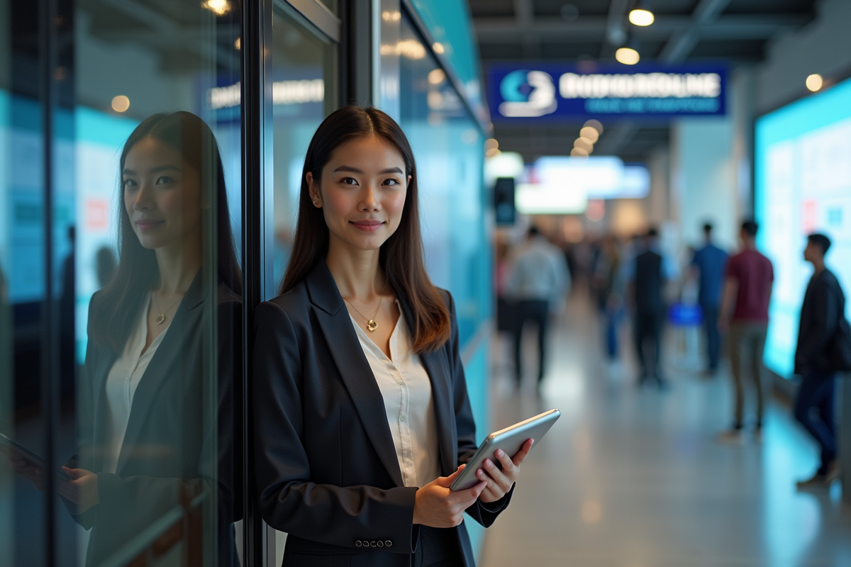 Jeune femme avec tablette près d’un bus hydrogene en expo