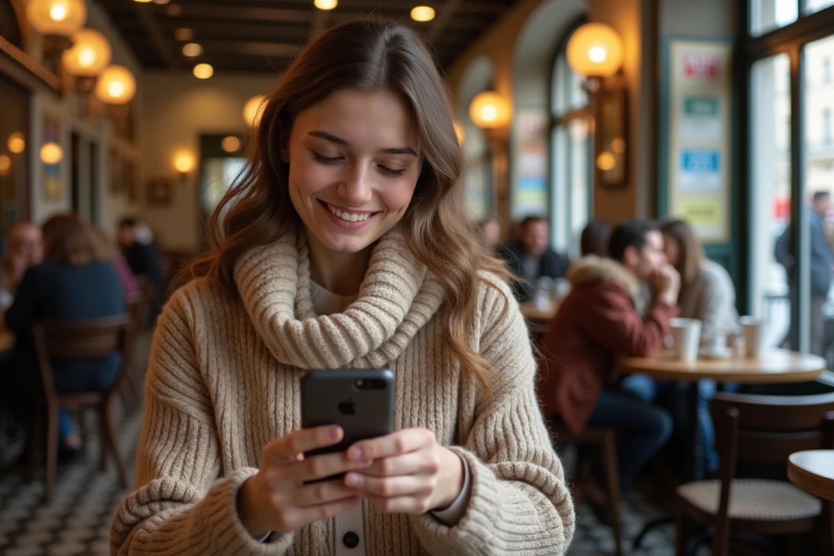 Jeune femme lisant des phrases françaises au café