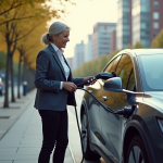 Femme souriante branchant une voiture électrique en ville