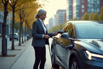 Femme souriante branchant une voiture électrique en ville