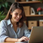 Femme souriante cherchant un GIF anniversaire rigolo gratuit sur son ordinateur portable à la maison