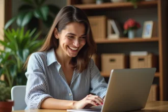 Femme souriante cherchant un GIF anniversaire rigolo gratuit sur son ordinateur portable à la maison