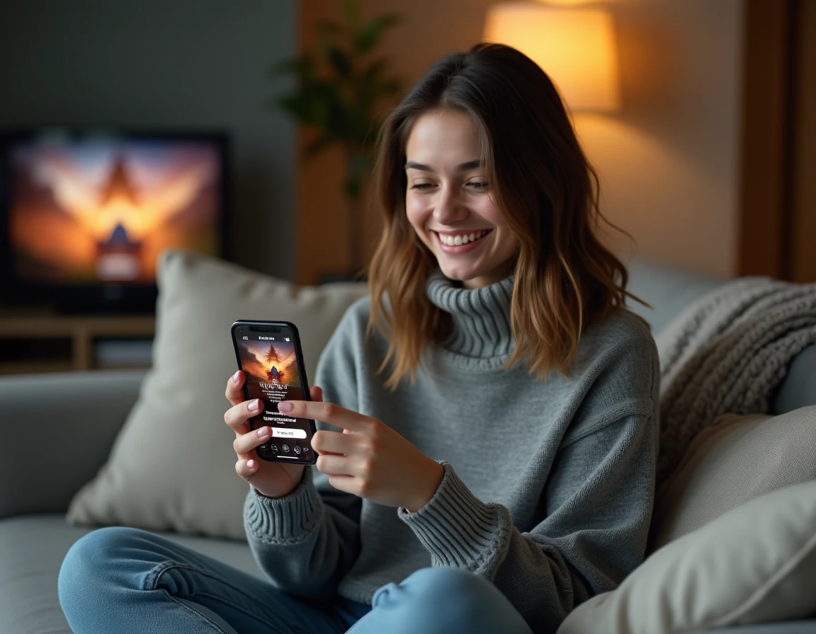Jeune femme découvrant un code de démarrage rapide sur Whiteout Survival depuis son smartphone dans un salon confortable