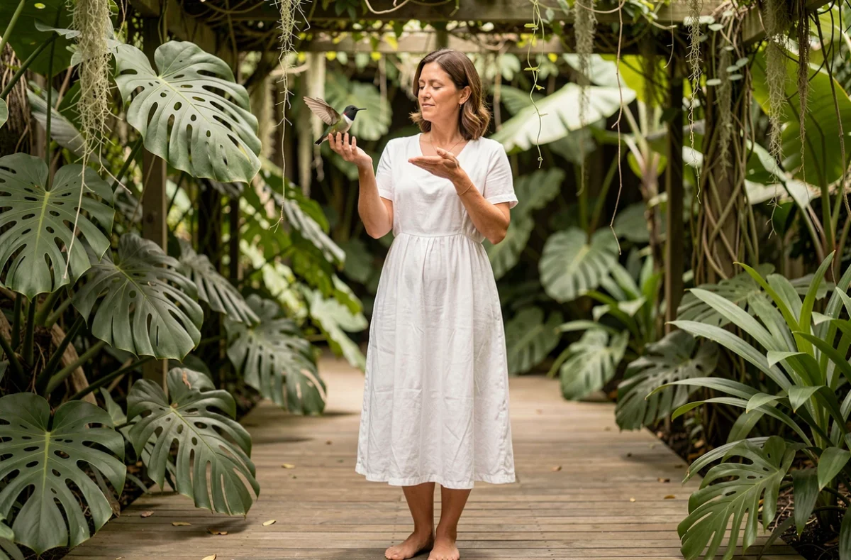 Femme en robe blanche tenant un colibri sur son doigt dans un jardin tropical, représentant la connexion spirituelle et la paix intérieure