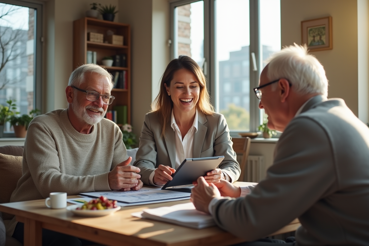 Jeune femme professionnelle discutant avec un couple dans un salon lumineux