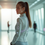 Jeune femme en vêtements hightech lumineux dans un espace moderne