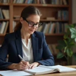 Femme consultant des livres de grammaire française à son bureau pour vérifier l'accord de l'expression au sein de