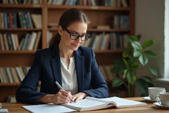 Femme consultant des livres de grammaire française à son bureau pour vérifier l'accord de l'expression au sein de